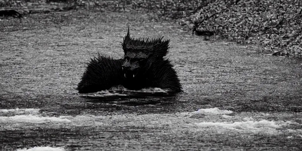 Prompt: Scary cryptid in a river in alaska at night, long lens, telephoto, candid picture, front lit by flashlight