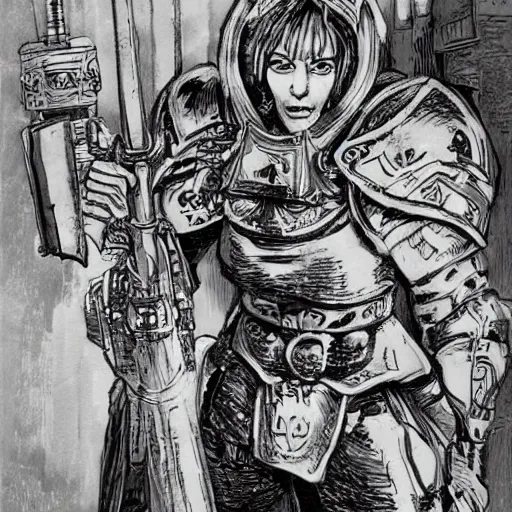 Image similar to a beautifully detailed warhammer 4 0 k portrait of angela merkel as inquisitor. pen and ink by moebius.