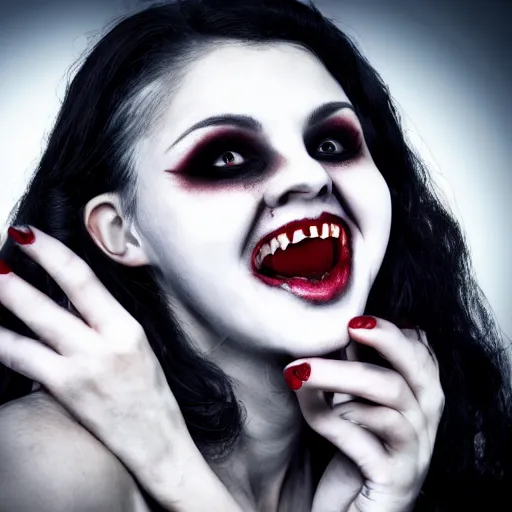 Image similar to a female vampire showing her fangs, gothic, horror, 4K, cinematic