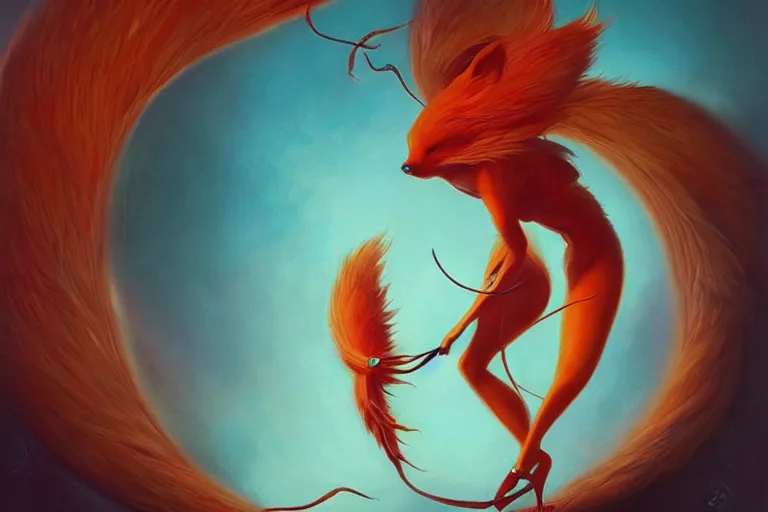 Image similar to prompt A beautiful red orange kumiho, nine fox tails, Peter Mohrbacher