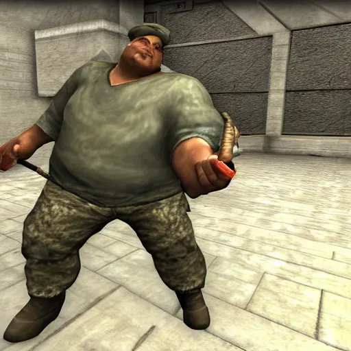 Image similar to a screenshot of a pudge inside a counter strike game, the pudge is holding a hook, the pudge is aiming at ogre magi