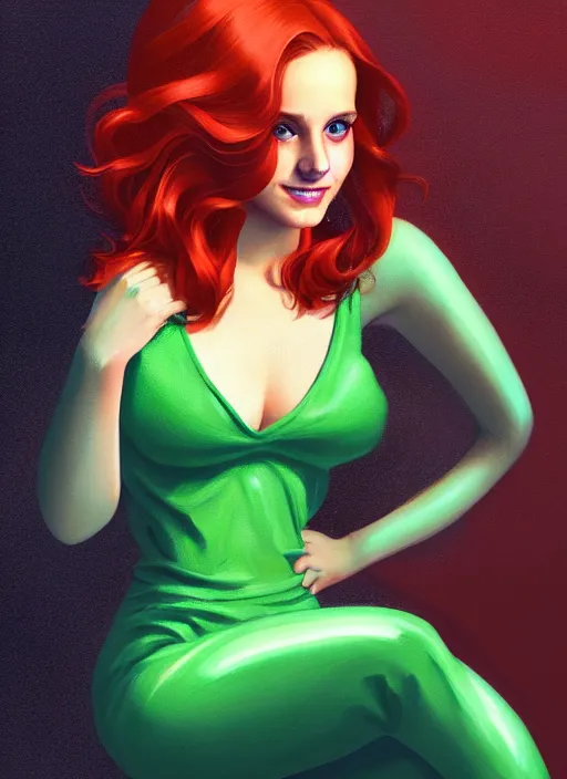 Image similar to full body portrait of teenage cheryl blossom, bangs, green eyes, mischievous expression, red hair, sultry smirk, bangs and wavy hair, intricate, elegant, glowing lights, highly detailed, digital painting, artstation, concept art, smooth, sharp focus, illustration, art by wlop, mars ravelo and greg rutkowski