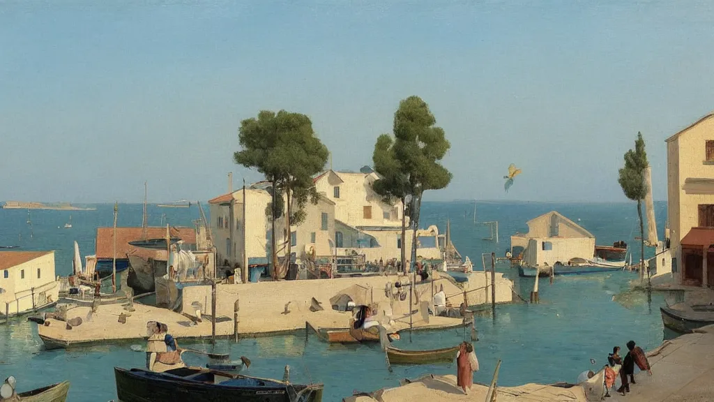 Image similar to a beautiful extremely complex painting of a mediterranean fishing village in summer by peter ilsted, whitewashed housed, tall cypress trees, blue shutters on windows, people walking down a street, fishing boats in the water, beautiful blue water, national gallery of art highlights