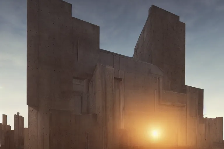 Image similar to extremely detailed cathedral of brutalist architecture, stunning volumetric light, sunset, metal, concrete and translucent material, stunning skies, trending on Artstation, 8k, photorealistic, hyper detailed, unreal engine 5, IMAX quality, cinematic, epic lighting, in the style of Greg Rutkowski