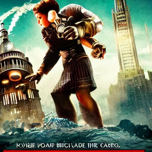 Image similar to movie poster for a live - action bioshock movie featuring a big daddy, andrew ryan, and little sister with the underwater city of rapture in the background