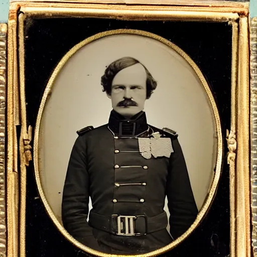 Image similar to daguerreotype of olaf scholz wearing a 1 9 th century prussian officer uniform, very detailed, very intricate,