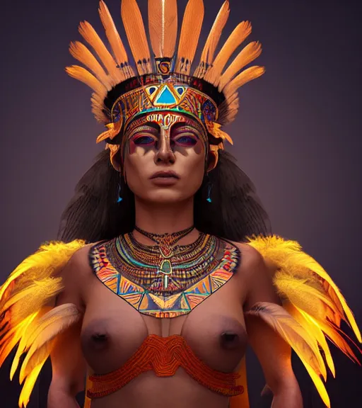 Image similar to character design, aztec warrior goddess with beautiful woman face, crown of very long feathers, full body, glowing aztec tattoos, beautiful, dark fantasy, super - resolution, ultra - hd, 1 0 8 0 p, vray