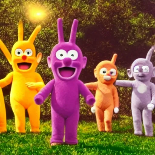 Image similar to photograph of slenderman standing behind some teletubbies, waving its arm, cinematic shot, backlighted