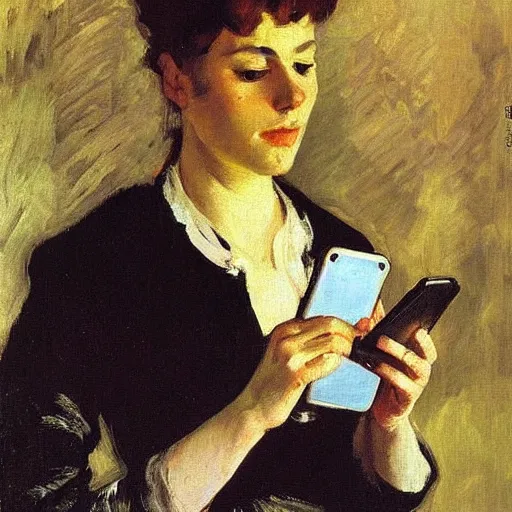 Prompt: famous masterpiece by Russian impressionist Valentin Serov - portrait of a girl with her iPhone