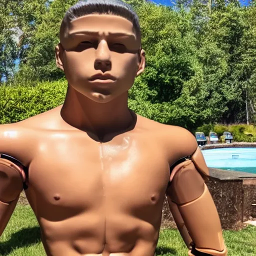 Image similar to a realistic detailed photo of a guy who is an attractive humanoid who is half robot and half humanoid, who is a male android, wrestler nick suriano, shiny skin, posing like a statue, blank stare, by the pool, on display, showing off his muscles, humanoid robot, frozen ice statue