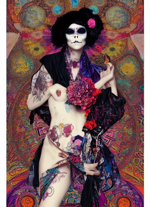 Prompt: cute punk goth fashion fractal Día de los Muertos tattooed hippy girl wearing kimono posing by Zhang Jingna, psychedelic poster art of by Victor Moscoso Rick Griffin Alphonse Mucha Gustav Klimt Ayami Kojima Amano Charlie Bowater, masterpiece