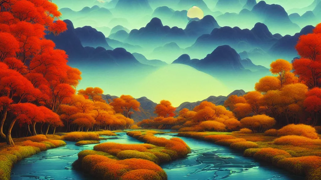 Prompt: digital painting of a lush river valley by gerald brom. blue river. autumn day. sunset. autumn hills. chiho aoshima. digital render. detailed. beautiful landscape.