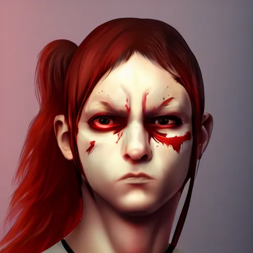 Prompt: portrait, 30 years old man :: burned face :: red hair ponytail :: high detail, digital art, RPG, concept art, illustration, Deviantart