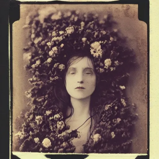 Image similar to portrait of a beautiful woman corpse covered in flowers, 1910 polaroid photography,