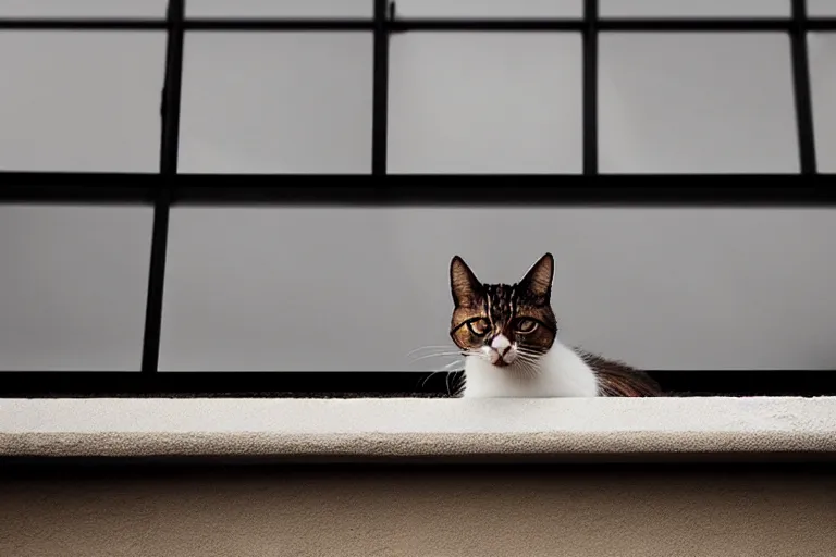 Image similar to vfx film closeup, cat on a window ledge, flat color profile low - key lighting award winning photography arri alexa cinematography, hyper real photorealistic cinematic, atmospheric cool colorgrade