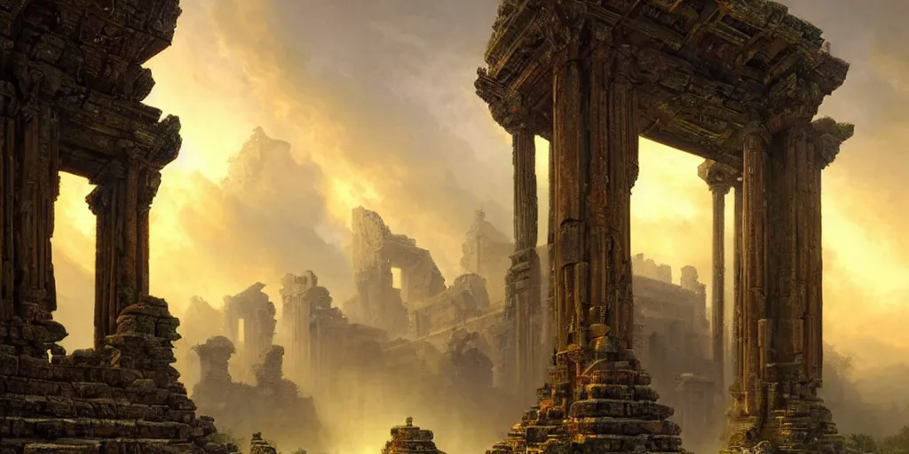 Image similar to beautiful hyperrealistic spectacular painting of the mysterious intricate ruins of the mysterious ancient temple, an advanced technology timemachine with a green - glowing - crystal from the future is inside the temple, by hubert robert and lee madwick and bastien lecouffe - deharme, dramatic sunset lighting, advanced technology