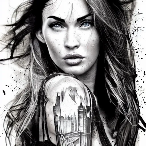 Prompt: realistic tattoo sketch of megan fox face photoshop double exposure effect with a mountain scenery, in the style of matteo pasqualin, amazing detail, sharp, faded