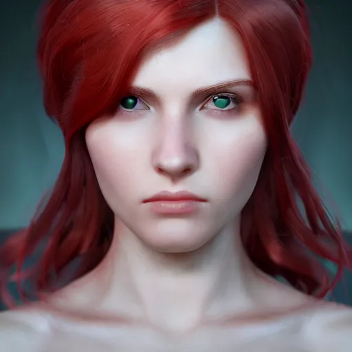 Image similar to beautiful girl her name was helga. she had red hair and green eyes and wanted to become a journalist when she grew up, beautiful portrait, symmetrical, character concept style trending on artstation concept art detailed octane render cinematic photo - realistic 8 k high detailed
