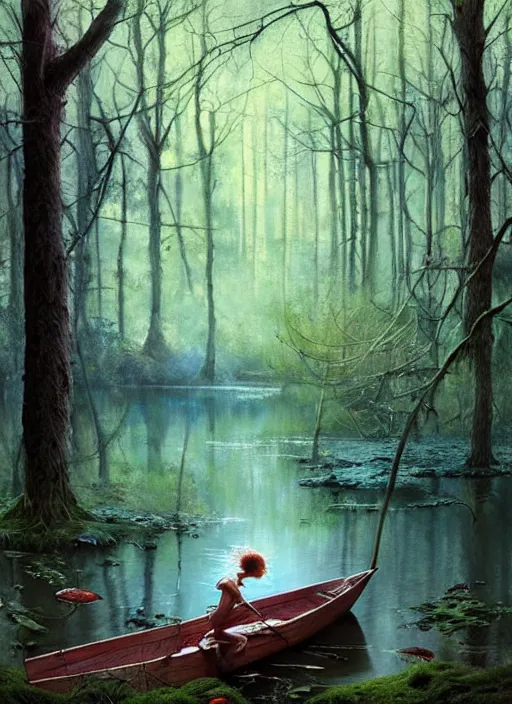 Image similar to boat in the woods by a river gorgeous lighting, lush forest foliage blue sky a hyper realistic painting by chiara bautista and beksinski and norman rockwell and greg rutkowski, tom bagshaw weta studio, and lucasfilm