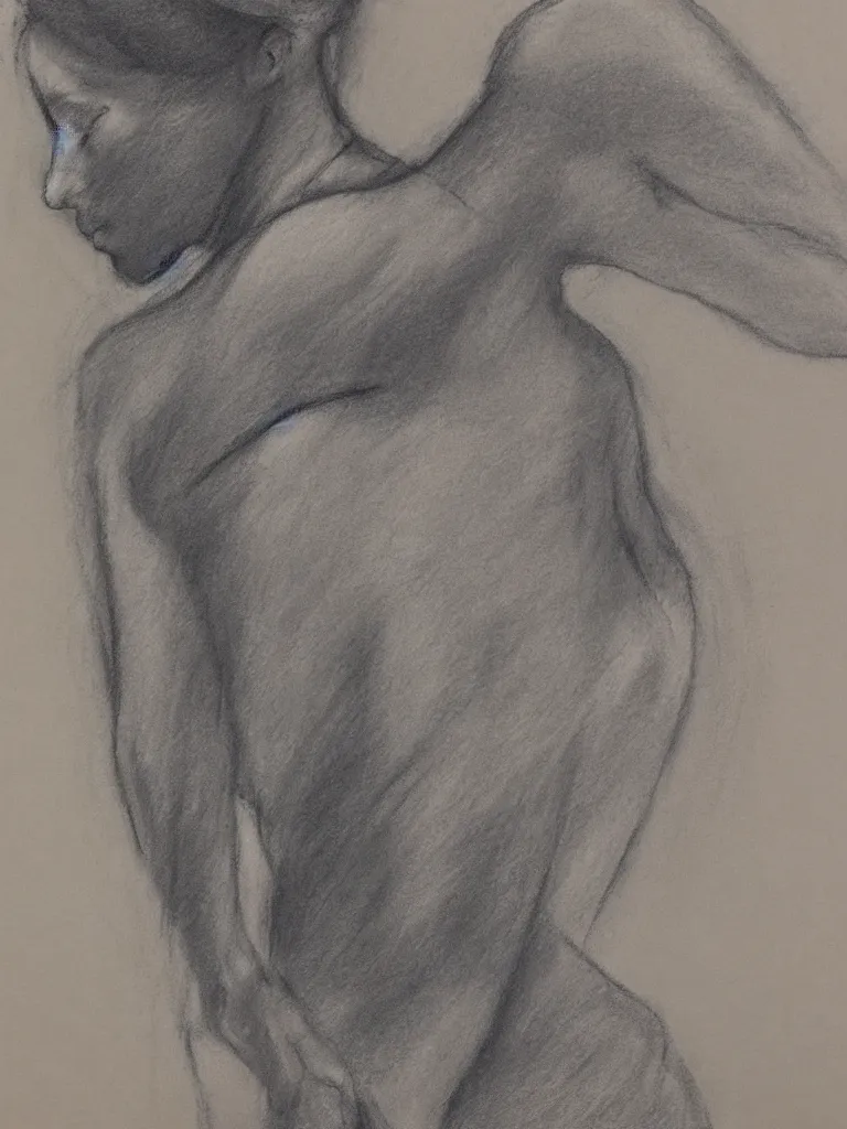 Prompt: chalk and charcoal life drawing of an elegant figure model | on toned paper