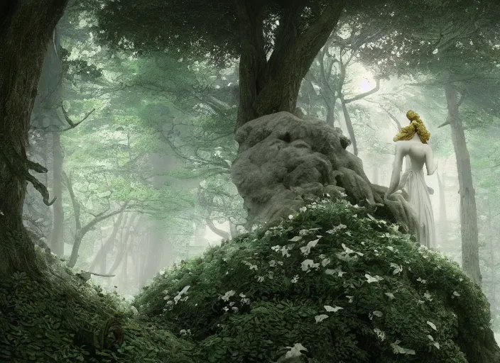 Image similar to a portrait of idealistic marble statue with fractal flowery hair and white fair porcelain face, in a magical forest, matte painting, painted by, mc escher, gordon onslow ford, georgia o'keeffe and ivan aivazovsky, cinematic light, god rays, colourful, unreal engine, zbrush central,