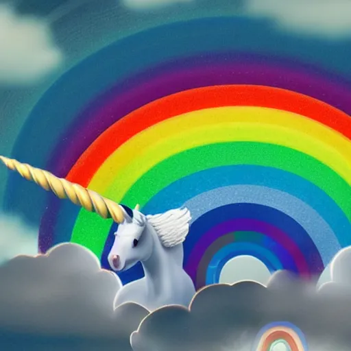 Prompt: a unicorn with a rainbow horn stood on top of a rainbow in the clouds, cinematic lighting, volumetric clouds, amazing light, award winning, ethereal, magical, photorealistic