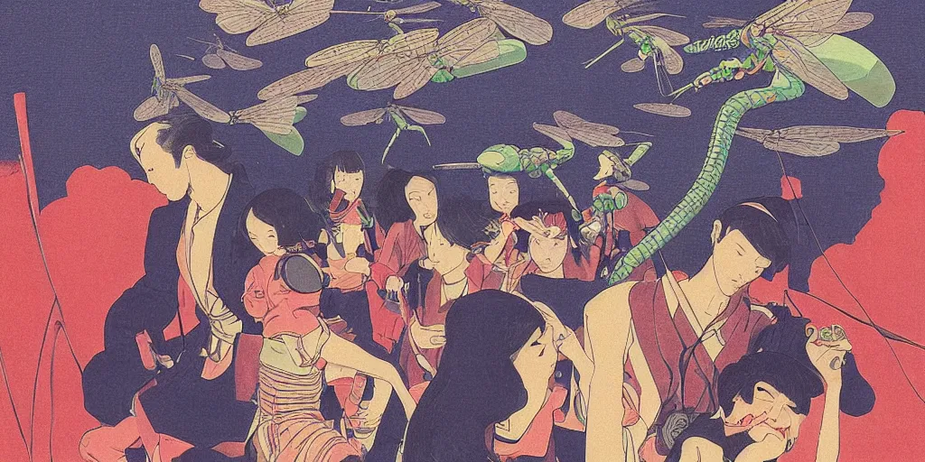 Image similar to gigantic dragonflies with human faces catch tiny robots, a lot of exotic mechas robots around, human heads everywhere, risograph by kawase hasui, edward hopper, satoshi kon and moebius, no text!, colorful flat surreal design, super - detailed, a lot of tiny details, fullshot