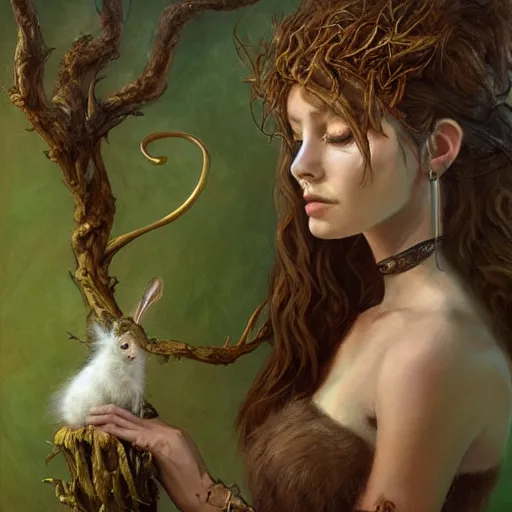 Image similar to portrait character design painting, dryad musician inspired by brian froud, portrait, accompanied by a cute feathered mouse, studio lighting by jessica rossier and brian froud and gaston bussiere