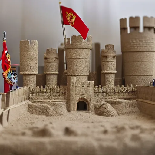 Prompt: full - size changing of the guard inside tower of london sandcastle, tiltshift