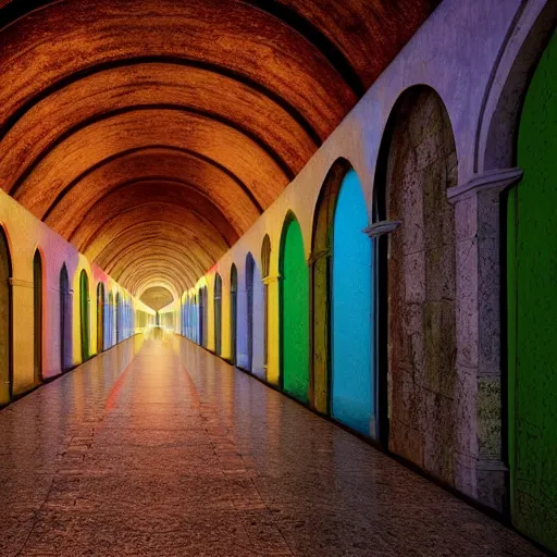 Image similar to a long colorful asylum hallway at night, arched ceiling, one point perspective, vanishing point, symmetrical composition, rich colors, dramatic lighting, by lee madgwick, photorealistic, v - ray render 8 k uhd