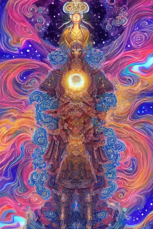 Prompt: god of the universe, korean mythology, a ornate fractal cloud full body with intricate details and interweaving geometric shapes, portrait symetrical, layers of clothing, gold trimmings, galaxies and nebula flowing out of his body, artgerm, psychedelic floral planets, studio ghibli painterly style, trending on artstation, tarot card