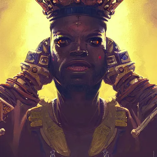 Image similar to a dark and ominous african moor with hypnotizing eyes and a golden crown with a ruby, Apex Legends character digital illustration portrait design, by android jones and greg rutkowski in a cyberpunk voodoo style, detailed, cinematic lighting, wide angle action dynamic portrait