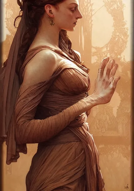 Prompt: sansa mummy brown hands, intricate, elegant, highly detailed, digital painting, artstation, concept art, smooth, sharp focus, illustration, art by artgerm and greg rutkowski and alphonse mucha and william - adolphe bouguereau