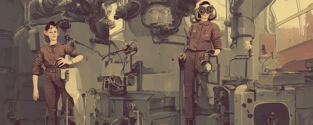 Image similar to vintage illustration 3 / 4 portrait of stoic heroic emotionless butch blonde woman engineer with short slicked - back hair, wearing victorian goggles, awkward and uncomfortable and anxious, dynamic composition by sachin teng and sergey kolesov and ron cobb. industrial space program, scifi, hyper detailed. octane render. concept art. trending on artstation