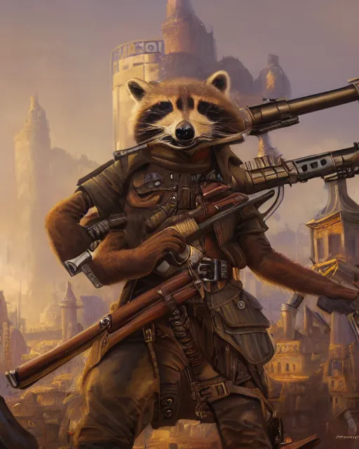 Image similar to oil painting of anthropomorphized raccoon legion holding rifles, steampunk clothes, steampunk city background, sharp focus, fantasy style, octane render, volumetric lighting, 8k high definition, by greg rutkowski, highly detailed, trending on art Station, dungeons and dragons artwork, centered