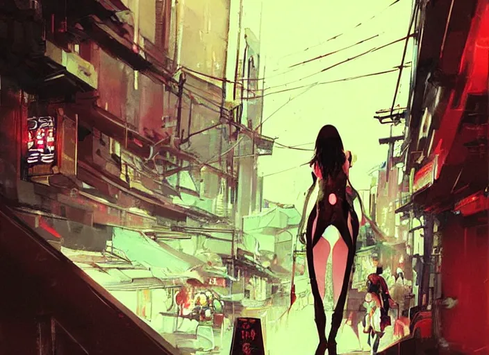 Image similar to lee jin - eun exiting kyoto gion from in cyberpunk theme by peter andrew jones and conrad roset, rule of thirds, seductive look, beautiful