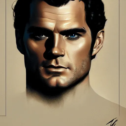 Image similar to henry cavill as james bond, portrait, highly detailed, digital painting, artstation, concept art, sharp focus, illustration, art by artgerm and greg rutkowski and alphonse mucha