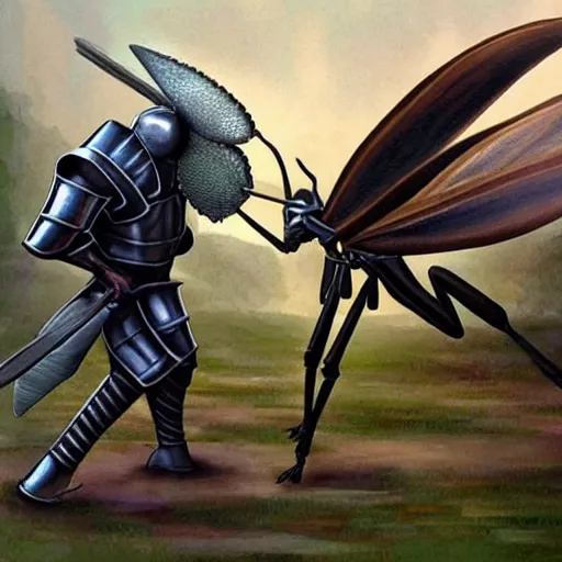 Prompt: knight fighting a giant mantis, epic battle