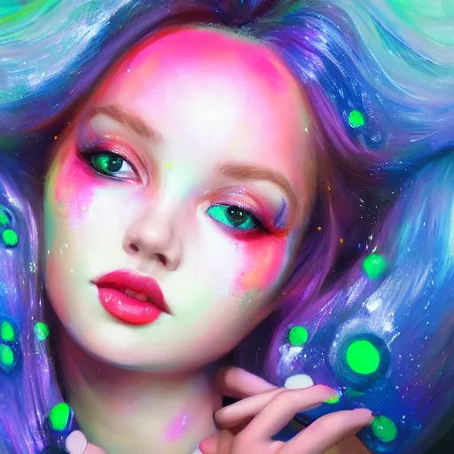 Prompt: Portrait of beautiful girl with luscious full pouty lips, huggy wuggy from poppy playtime video game, neon face paint, glitter, delicious, button nose, adorable, striking eyes, fullbody, ultra high detailed, oil painting, Greg Rutkowski, Charlie Bowater, Yuumei, Yanjun Cheng, unreal 5, DAZ, hyperrealistic, octane render, RPG portrait, dynamic lighting, fantasy art, beautiful face