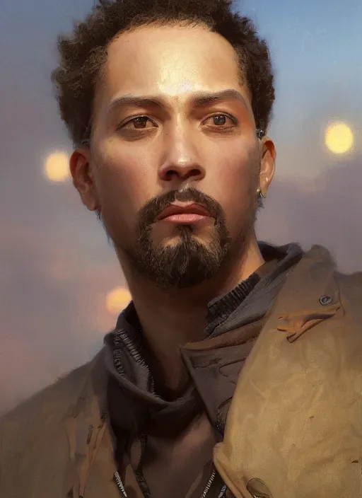 Image similar to A digital painting of a portrait of Donnovan Mitchell alone on a rooftop during Golden Hour. masterpiece 4k digital illustration by Ruan Jia and Mandy Jurgens and Artgerm and greg rutkowski and Alexander Tsaruk and WLOP and william-adolphe bouguereau, marvel comics, dark, intricate, highly detailed, smooth, artstation, digital illustration by Ruan Jia and Mandy Jurgens and Artgerm and Wayne Barlowe and Greg Rutkowski and Frank Frazetta , award winning, Artstation, art nouveau aesthetic, Alphonse Mucha background, intricate details, realistic, panoramic view, Hyperdetailed, 8k resolution, intricate art nouveau