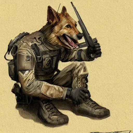 Image similar to a wounded humanoid german shepherd beast - man in military style, sitting on the carpeted floor beside a bed, highly detailed portrait, digital painting, artstation, concept art, smooth, sharp foccus ilustration, artstation