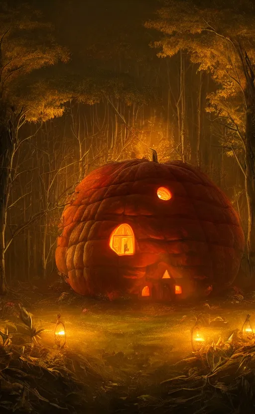 Prompt: a giant pumpkin cabin in the middle of a forest at night, the lights are on, dynamic lighting, photorealistic fantasy concept art, trending on art station, stunning visuals, creative, cinematic, ultra detailed