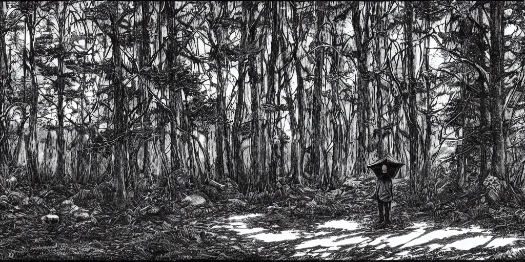 Prompt: lonely man, dark forest, alone in the woods, rotogravure, dark, majestic, powerful, dark fantasy manga artstyle, by julius schnorr von carolsfeld and inoue takehiko, small cabin
