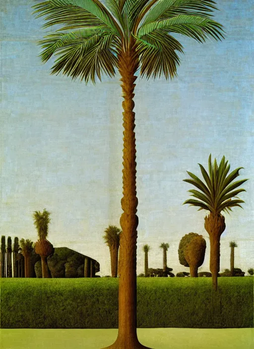 Image similar to realistic and geometrically precise painting of a palm tree painted by piero della francesca, high quality, no blur, 4 k