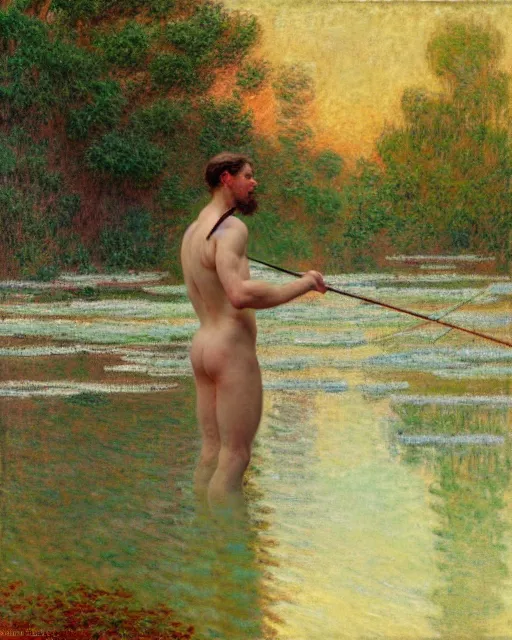Prompt: attractive fisherman wading through a river, reflective water, painting by tom of finland, gaston bussiere, craig mullins, j. c. leyendecker, claude monet