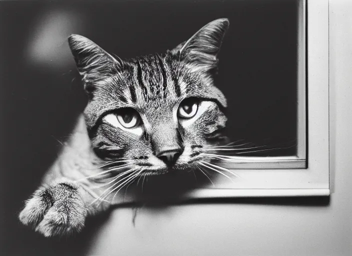 Image similar to photography polaroid of a Jack Cat . watching outside the window. on a bed. in a 70's room full of vinyls and posters, photorealistic, award winning photo, 100mm, sharp, high res