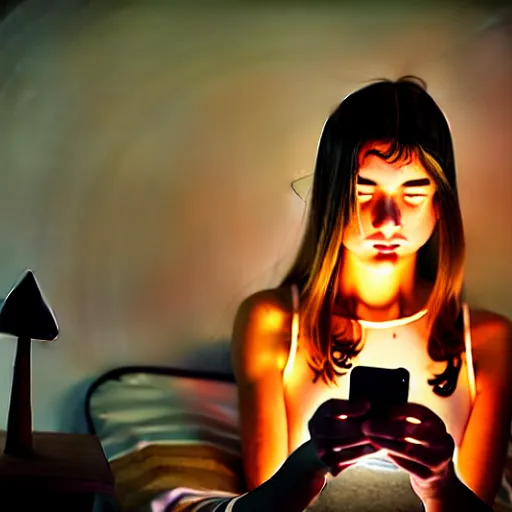 Image similar to teenage girl sitting at bedroom window staring down at her phone, a mushroom cloud outside lights the side of her face, intimate, dark, surreal photography
