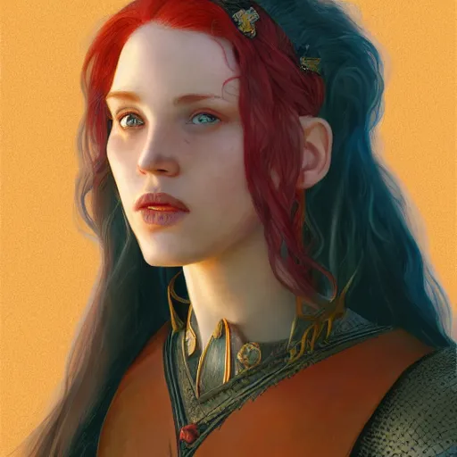 Prompt: portrait of a beautiful young woman with red hair and freckles, slight smile, renaissance colorful dress, leather armor, digital painting by Michael Whelan and craig mullins, d&d illustration, trending on Artstation, sfw