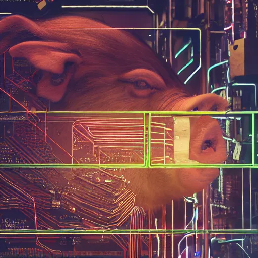 Image similar to a portrait photograph of a big aggressive male cyberpunk pig, circuit boards, motherboard, mainboard, wires, cable management, electrical wires, activity lights, cyberpunk, artstation, detail, hyperrealistic, digital photograph, natural light canon eos c 3 0 0, ƒ 1. 8, 3 5 mm, 8 k