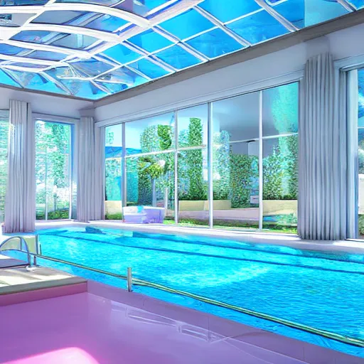 Image similar to a sunlit indoor lounge area with a pool with clear water and another pool with translucent pastel pink water, next to a big window, digital art